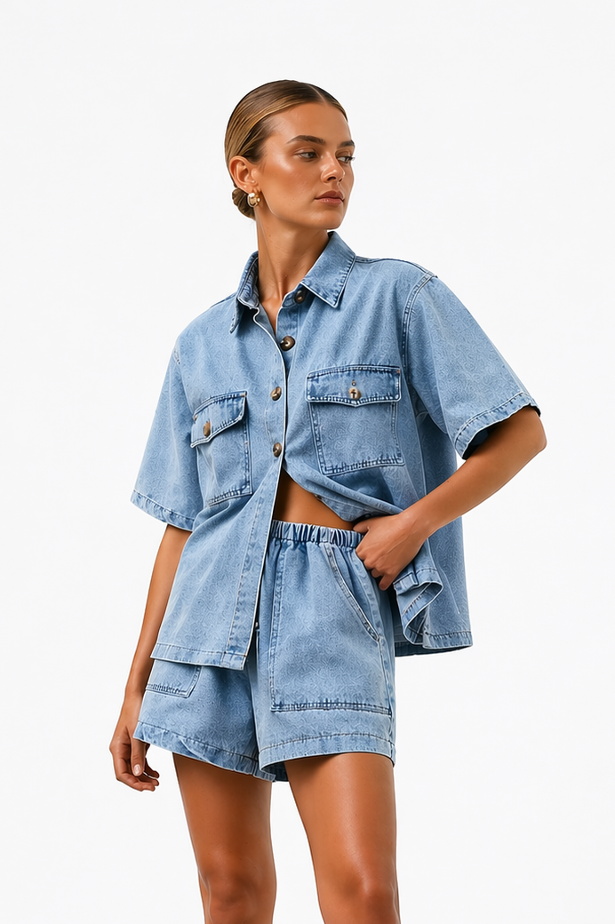 Women's Two-Piece Denim Shirt and High-Waist Shorts Set
