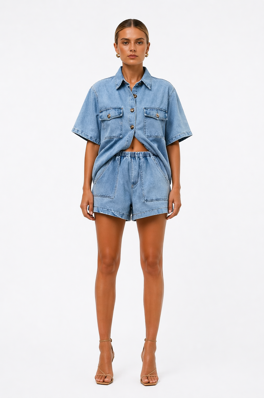 Women's Two-Piece Denim Shirt and High-Waist Shorts Set