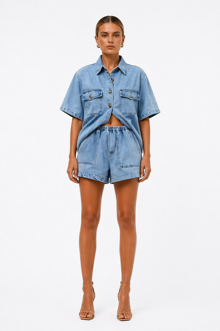 Women's Two-Piece Denim Shirt and High-Waist Shorts Set