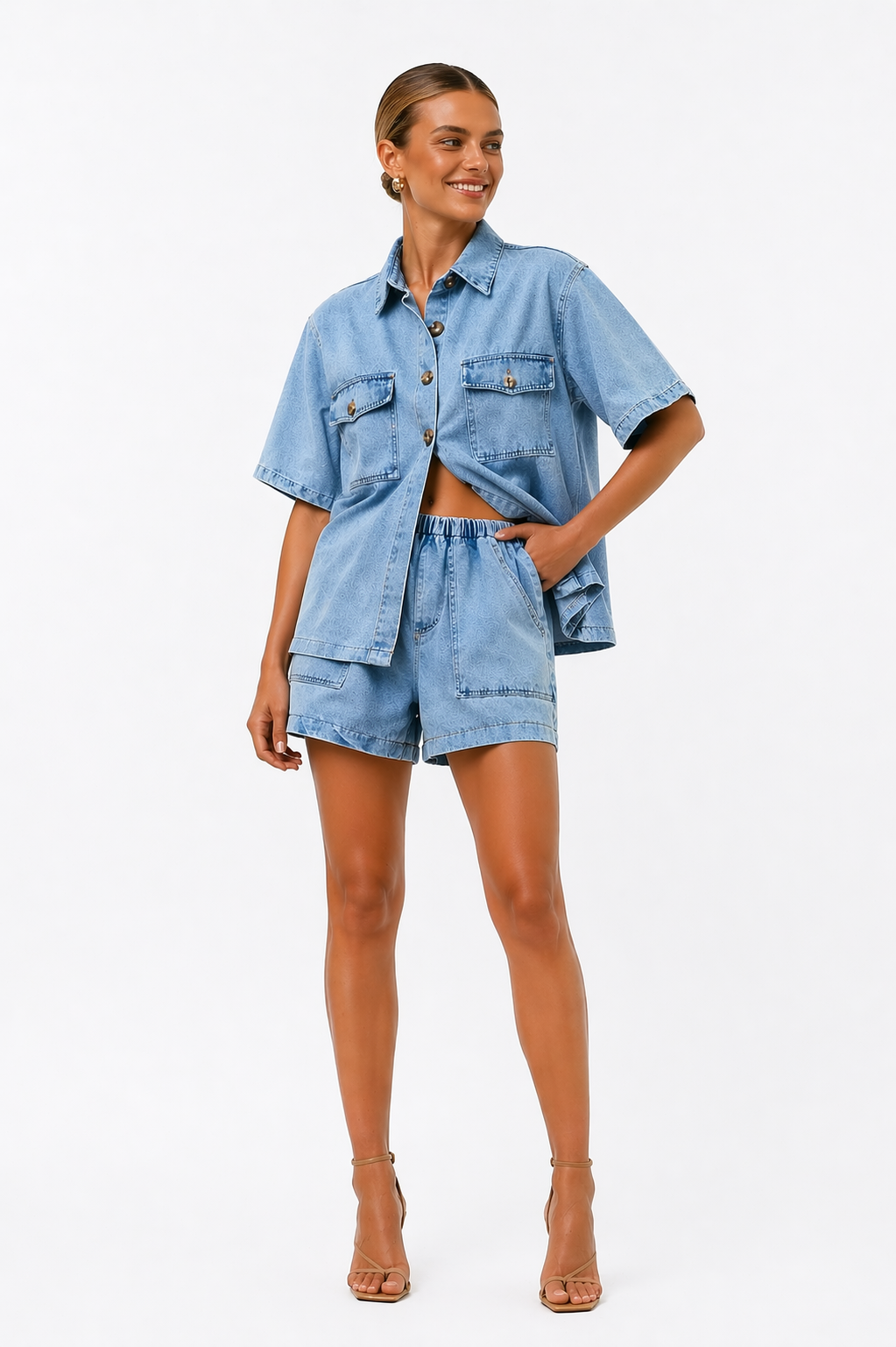 Women's Two-Piece Denim Shirt and High-Waist Shorts Set