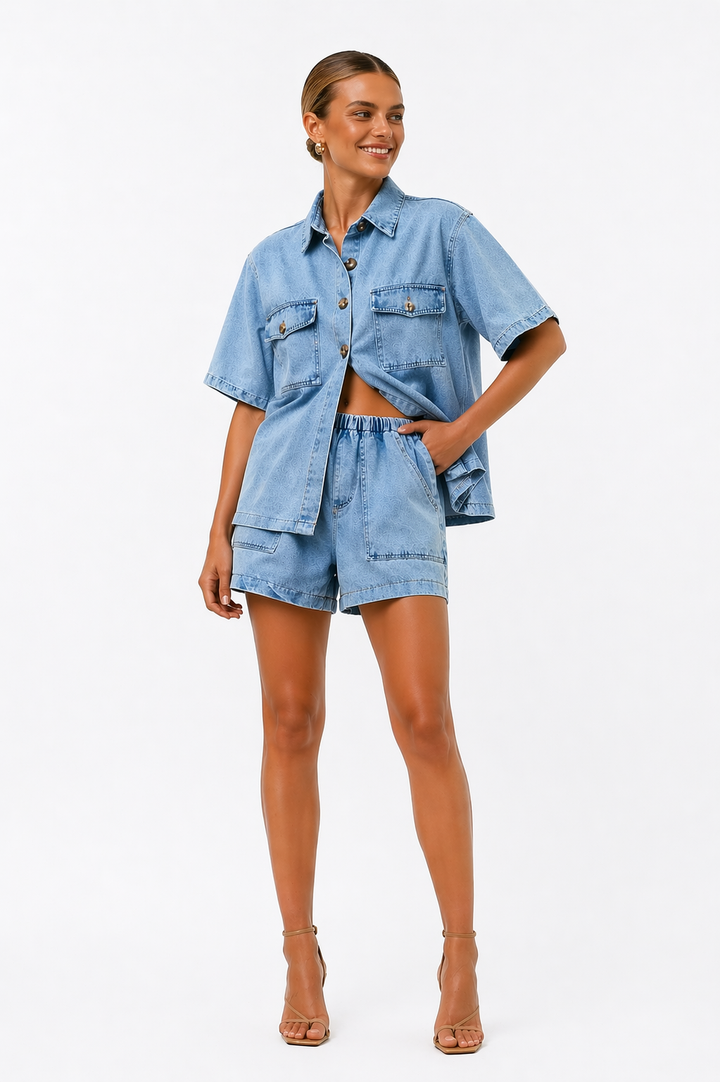 Women's Two-Piece Denim Shirt and High-Waist Shorts Set