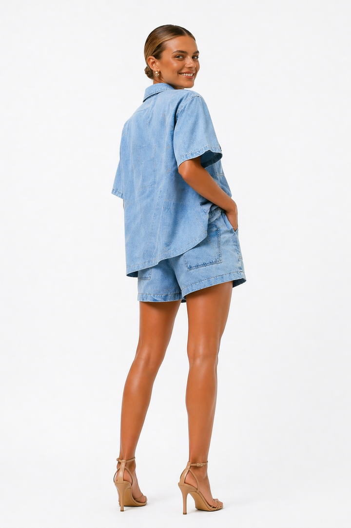 Women's Two-Piece Denim Shirt and High-Waist Shorts Set
