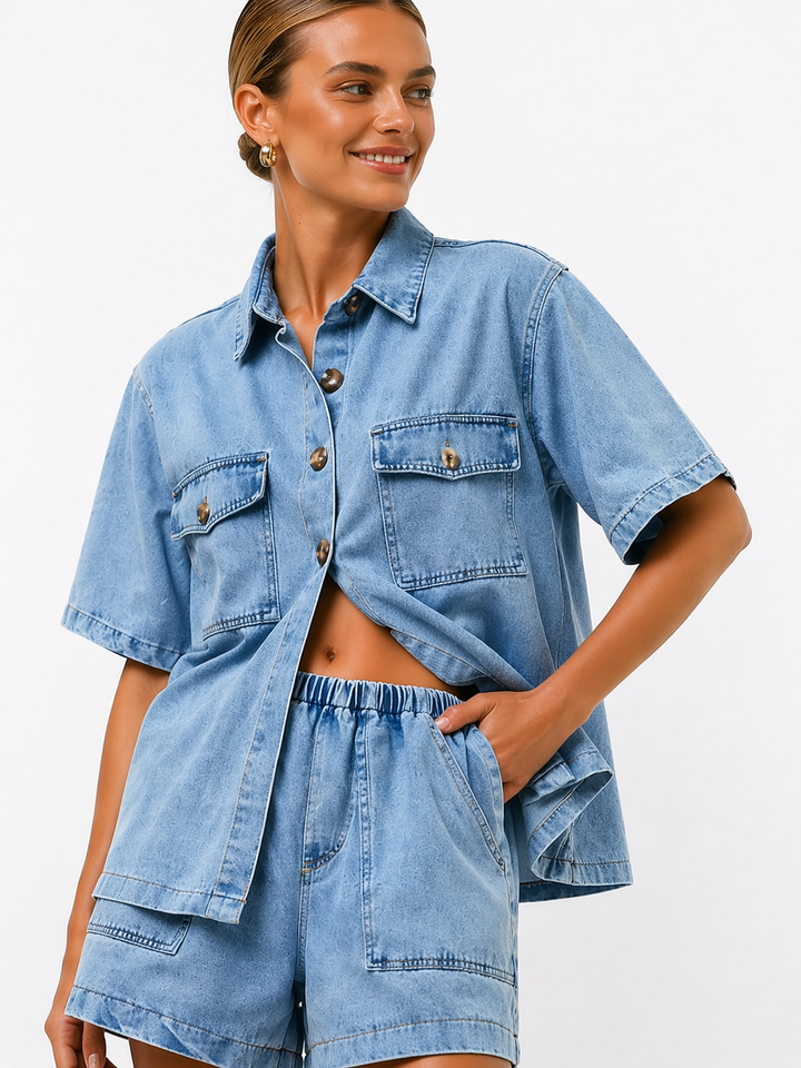 Women's Two-Piece Denim Shirt and High-Waist Shorts Set