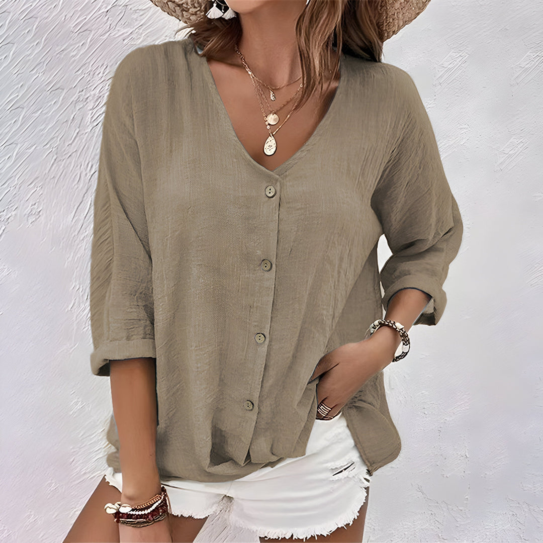 Women's V-Neck Button-Front Roll-Up Sleeve Relaxed Blouse