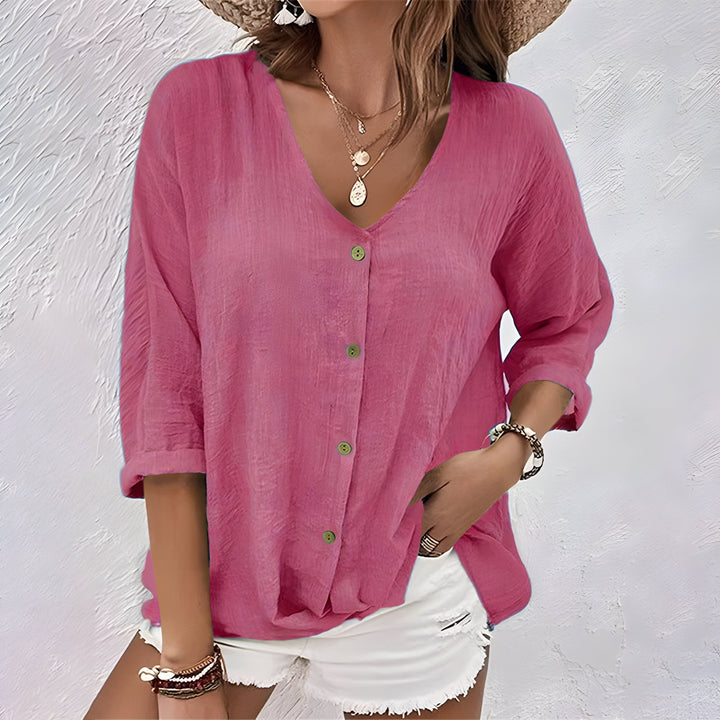 Women's V-Neck Button-Front Roll-Up Sleeve Relaxed Blouse