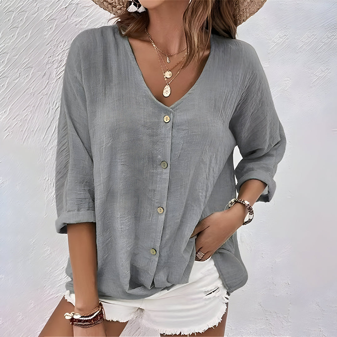 Women's V-Neck Button-Front Roll-Up Sleeve Relaxed Blouse