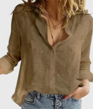 Women's Linen Button Down Shirt Wavy Lapel Collar Long Sleeve