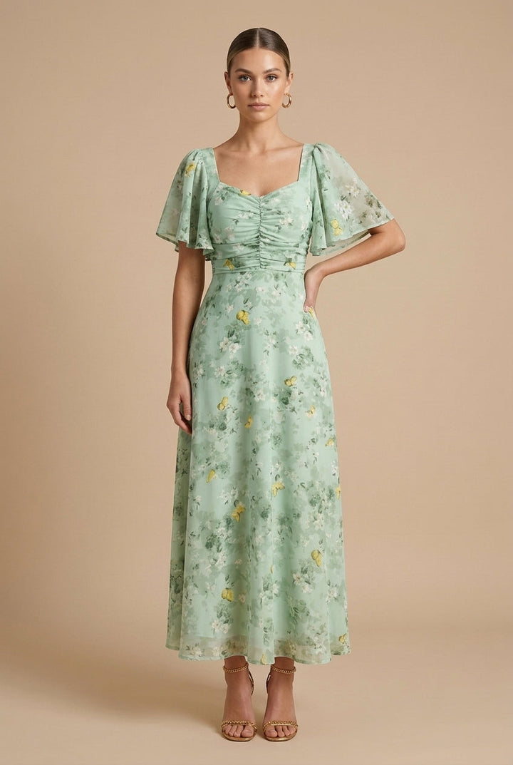 Women's Floral Print Square Neck Flutter Sleeve Ruched Maxi Dress