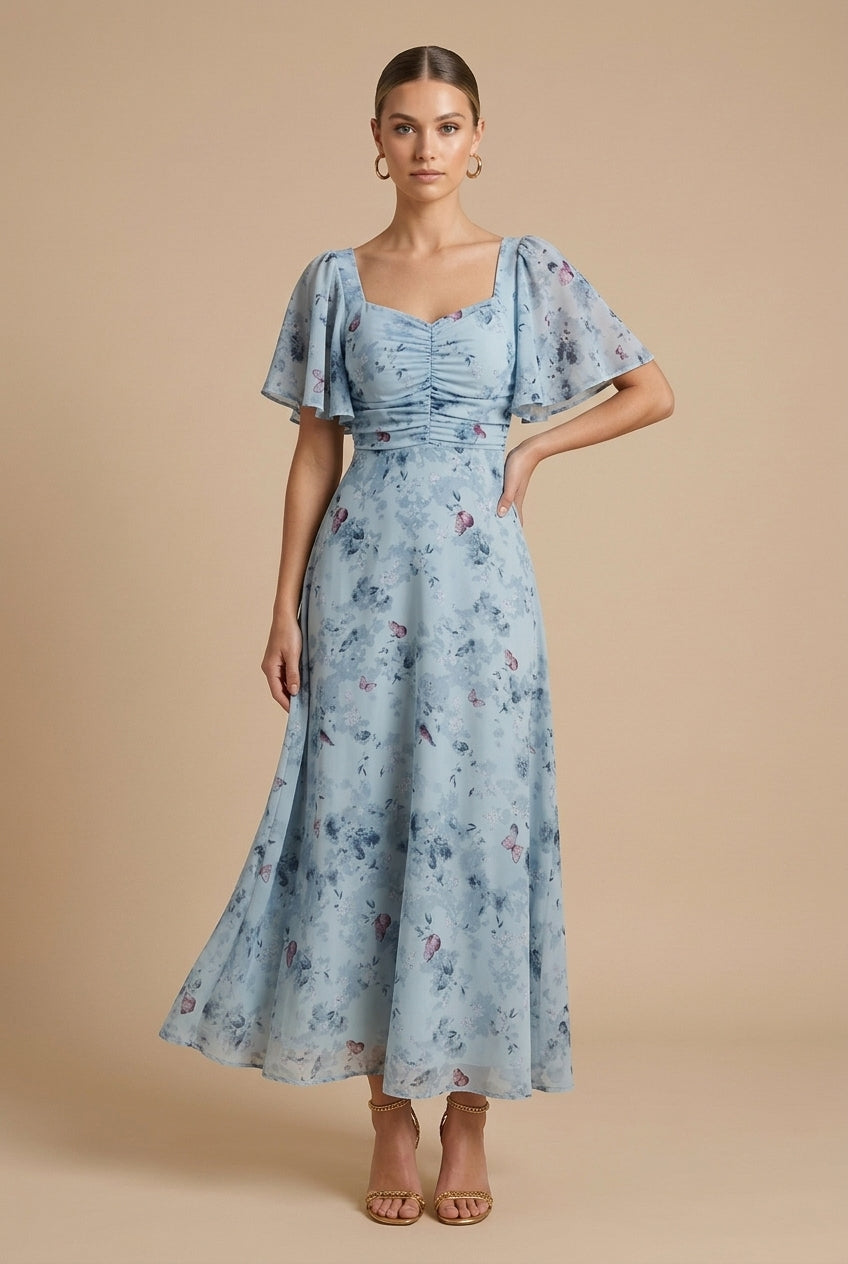 Women's Floral Print Square Neck Flutter Sleeve Ruched Maxi Dress