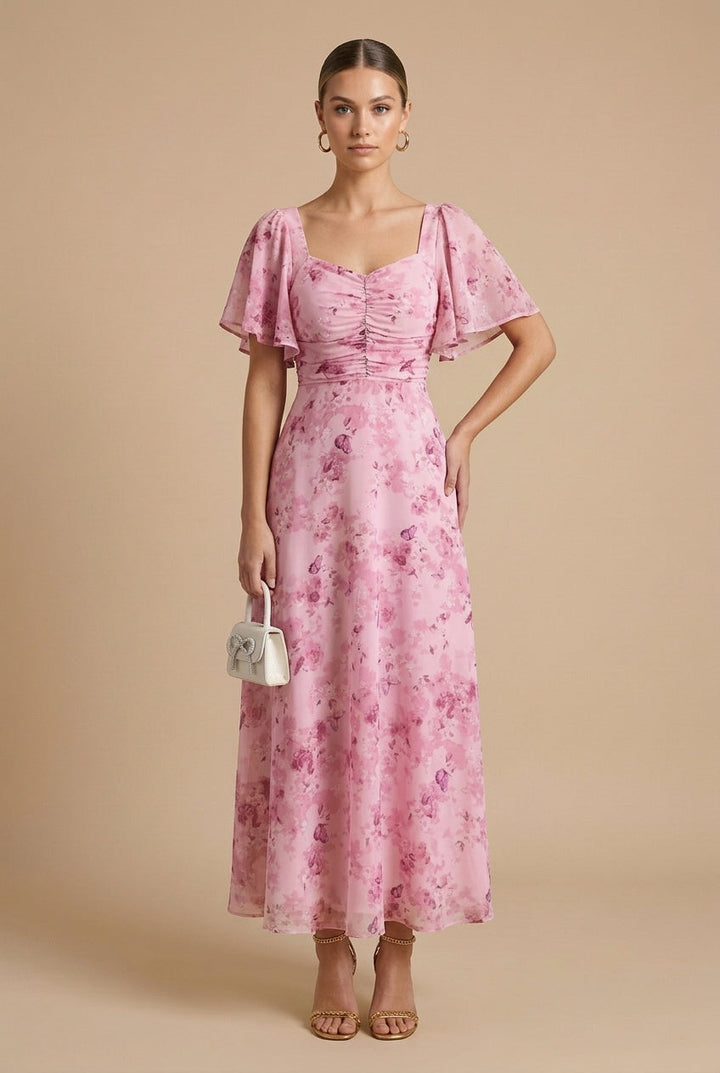 Women's Floral Print Square Neck Flutter Sleeve Ruched Maxi Dress