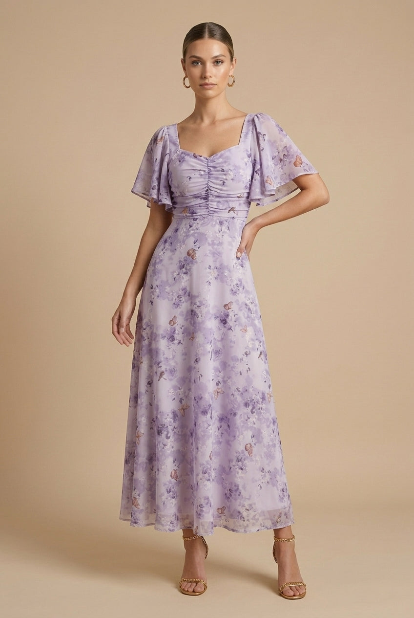 Women's Floral Print Square Neck Flutter Sleeve Ruched Maxi Dress