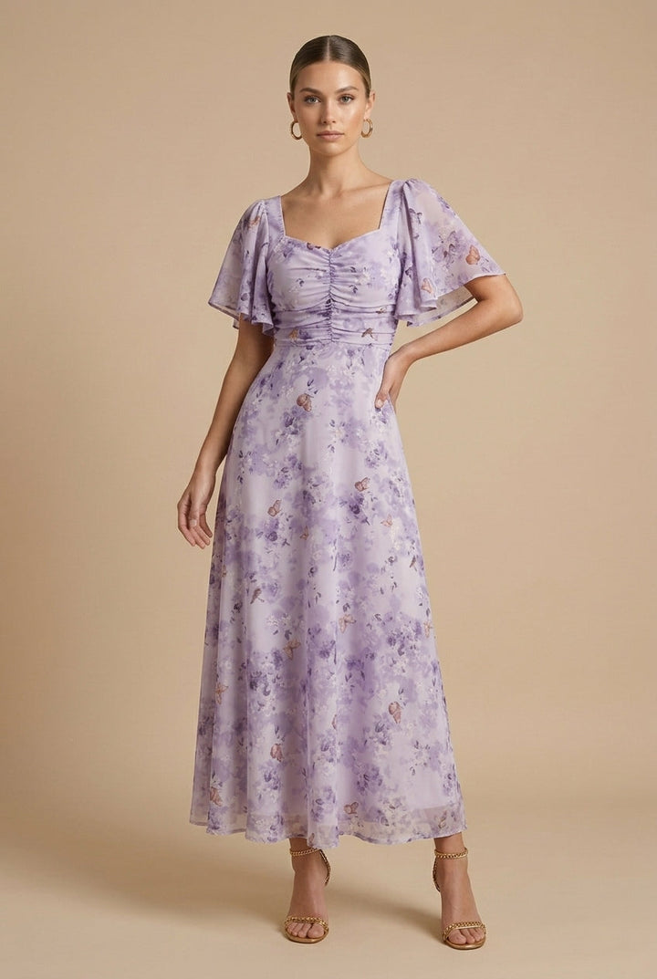 Women's Floral Print Square Neck Flutter Sleeve Ruched Maxi Dress
