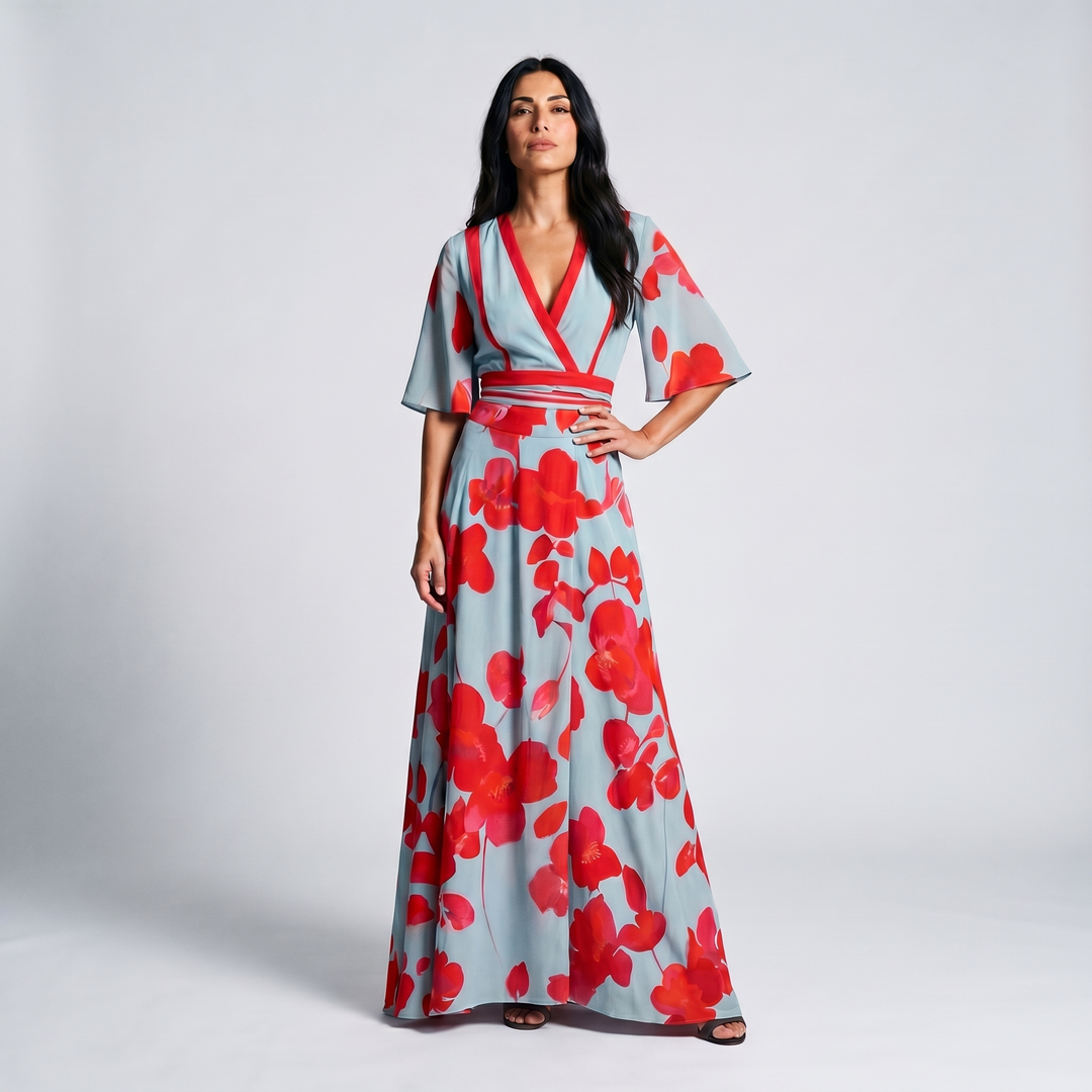 Women's Floral Print Wrap V-Neck Kimono Sleeve Maxi Dress