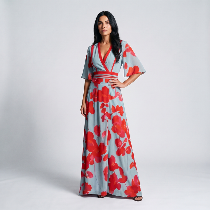 Women's Floral Print Wrap V-Neck Kimono Sleeve Maxi Dress