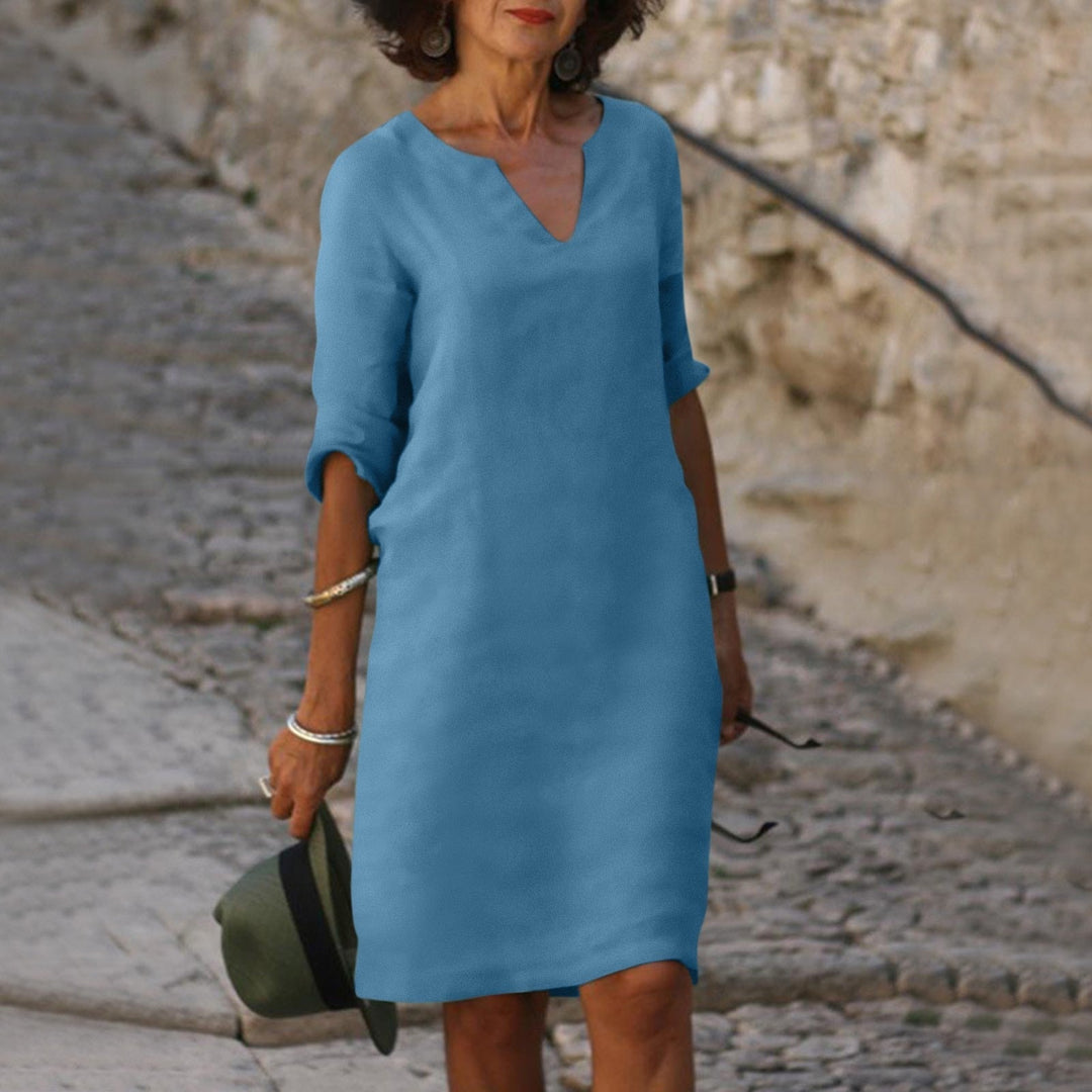 Women's Linen V-Neck Midi Dress 3/4 Sleeve Shift