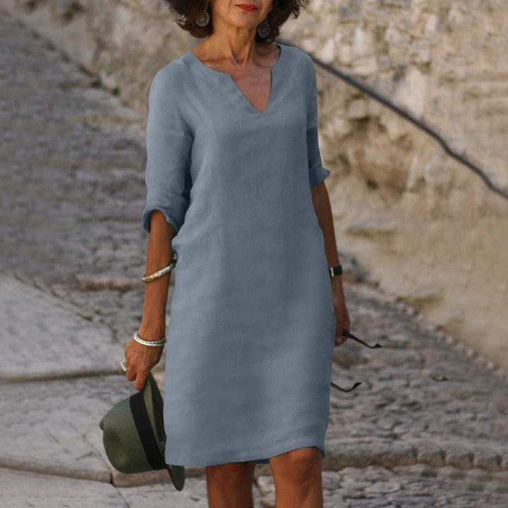 Women's Linen V-Neck Midi Dress 3/4 Sleeve Shift