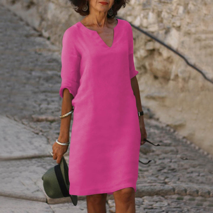 Women's Linen V-Neck Midi Dress 3/4 Sleeve Shift