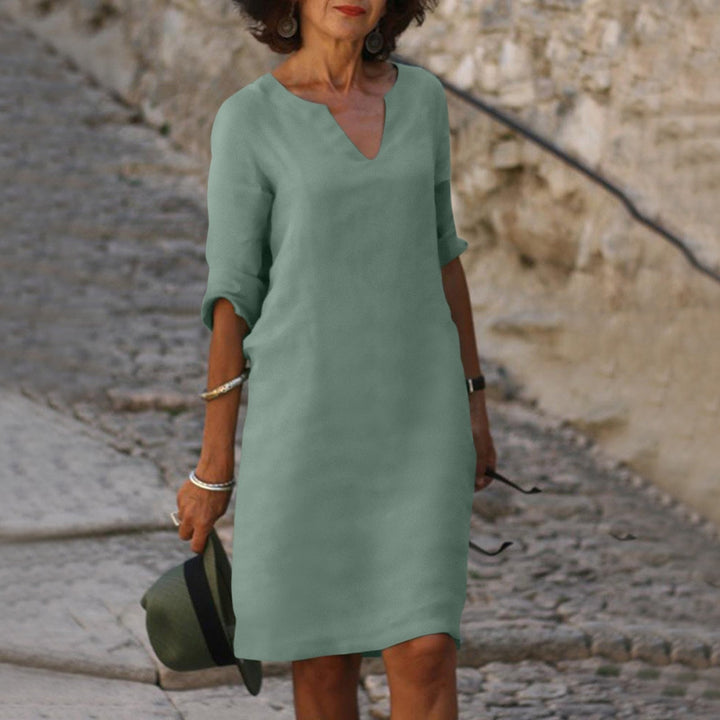 Women's Linen V-Neck Midi Dress 3/4 Sleeve Shift