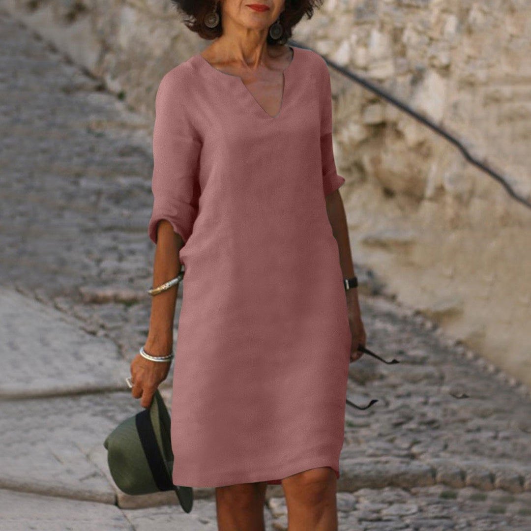Women's Linen V-Neck Midi Dress 3/4 Sleeve Shift