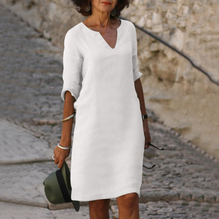 Women's Linen V-Neck Midi Dress 3/4 Sleeve Shift