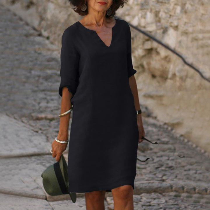 Women's Linen V-Neck Midi Dress 3/4 Sleeve Shift