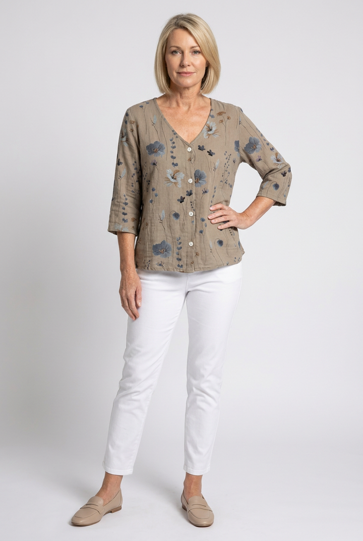 Women's Floral Print V-Neck Three-Quarter Sleeve Linen Blouse