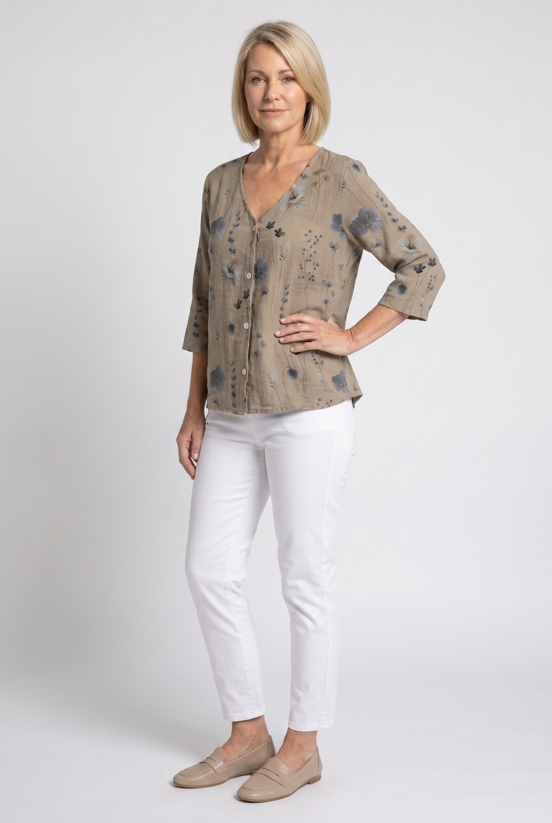 Women's Floral Print V-Neck Three-Quarter Sleeve Linen Blouse