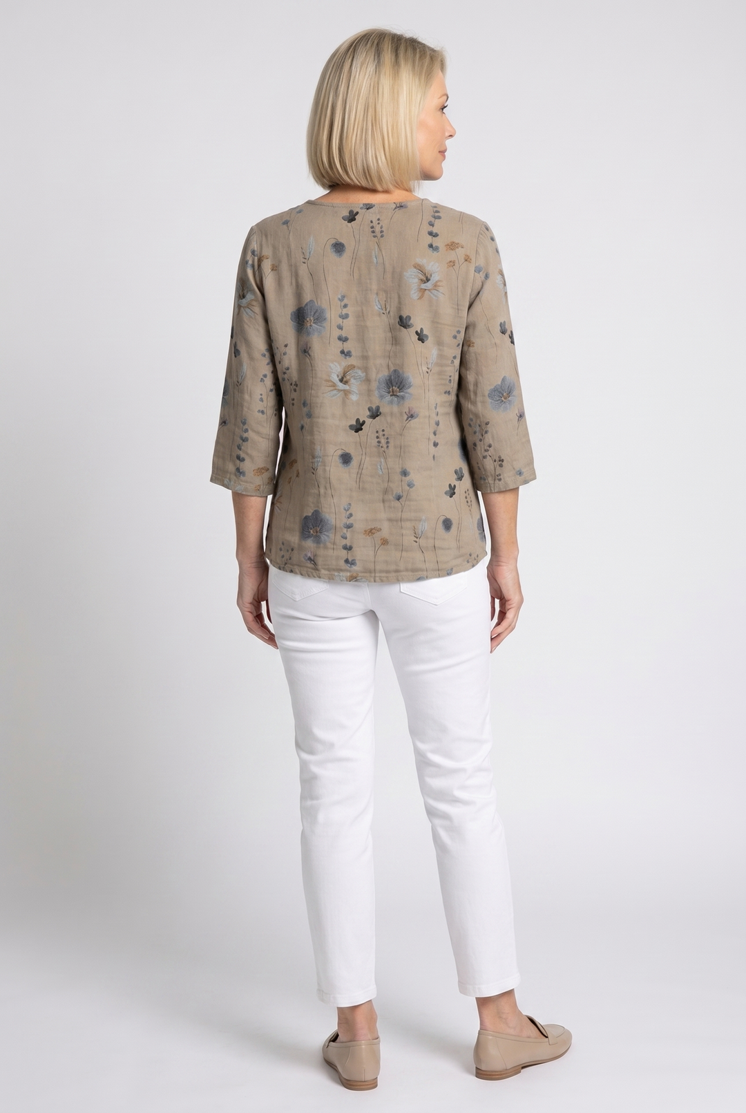 Women's Floral Print V-Neck Three-Quarter Sleeve Linen Blouse