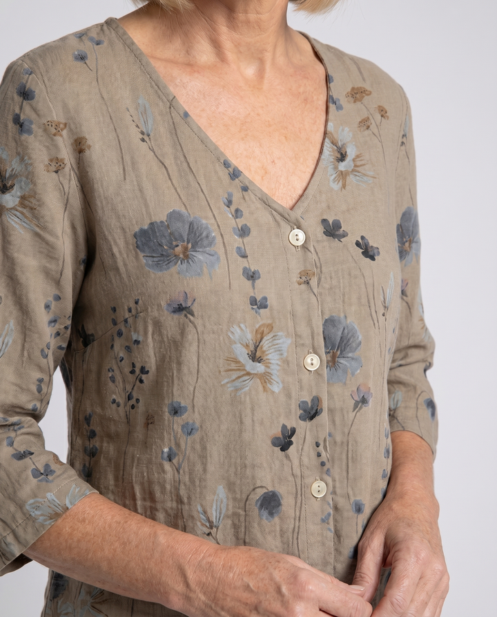 Women's Floral Print V-Neck Three-Quarter Sleeve Linen Blouse