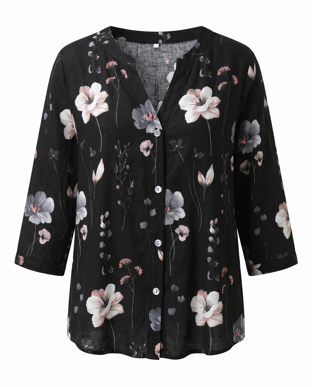 Women's Floral Print V-Neck Three-Quarter Sleeve Linen Blouse