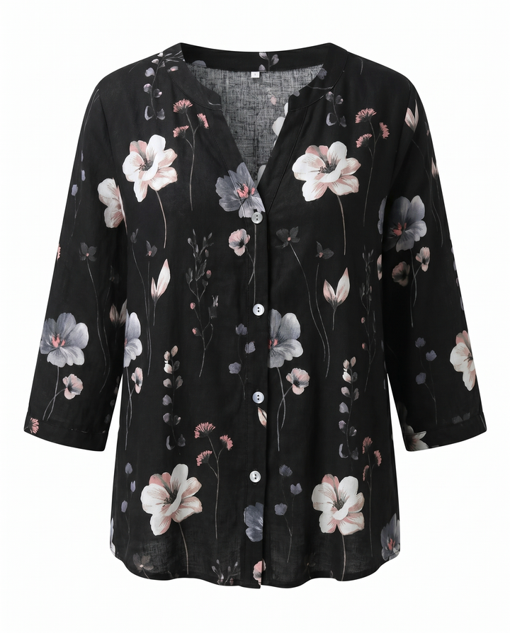 Women's Floral Print V-Neck Three-Quarter Sleeve Linen Blouse