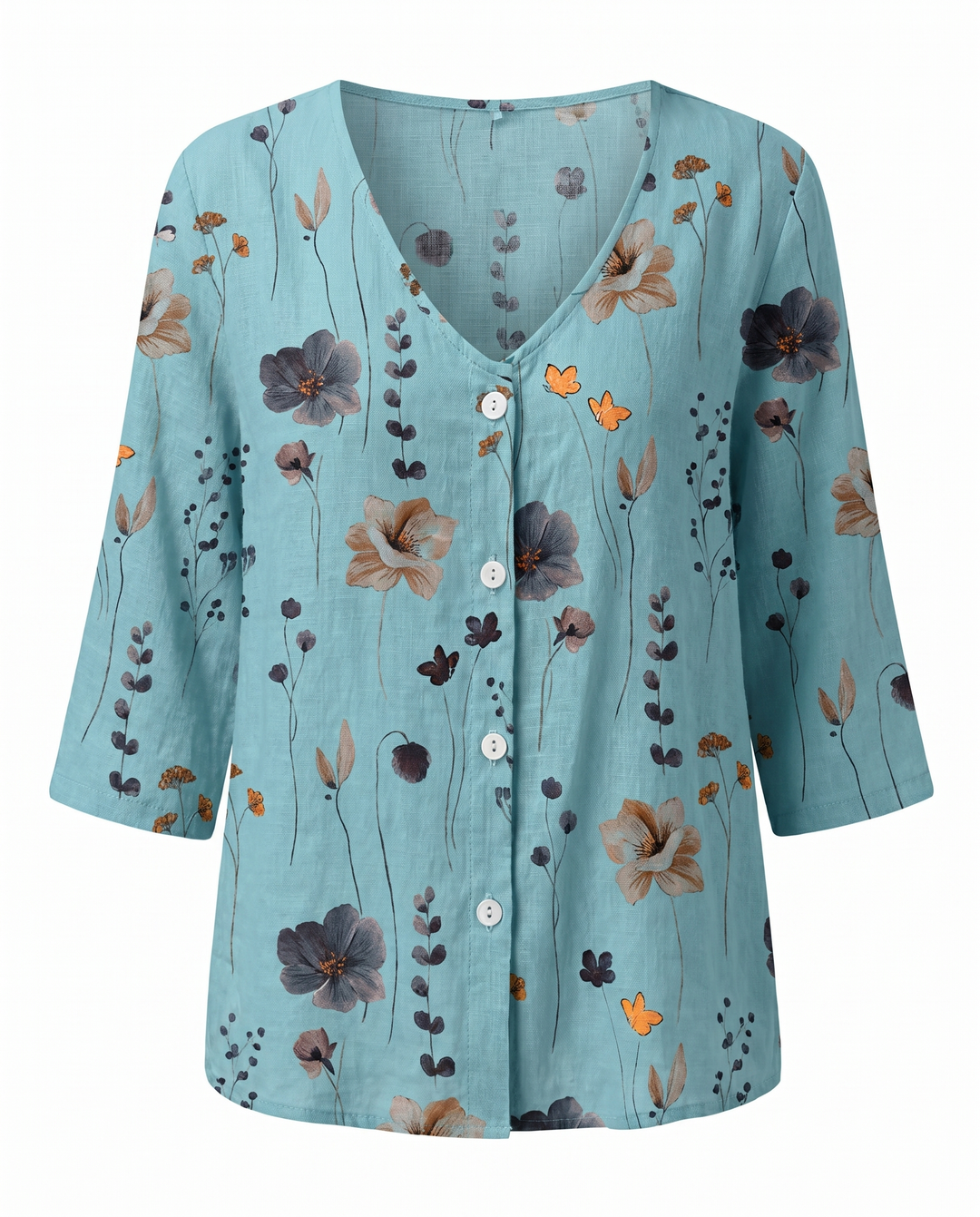 Women's Floral Print V-Neck Three-Quarter Sleeve Linen Blouse