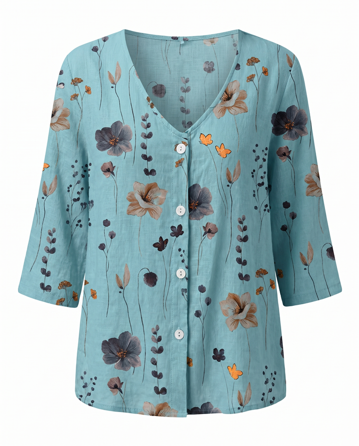 Women's Floral Print V-Neck Three-Quarter Sleeve Linen Blouse
