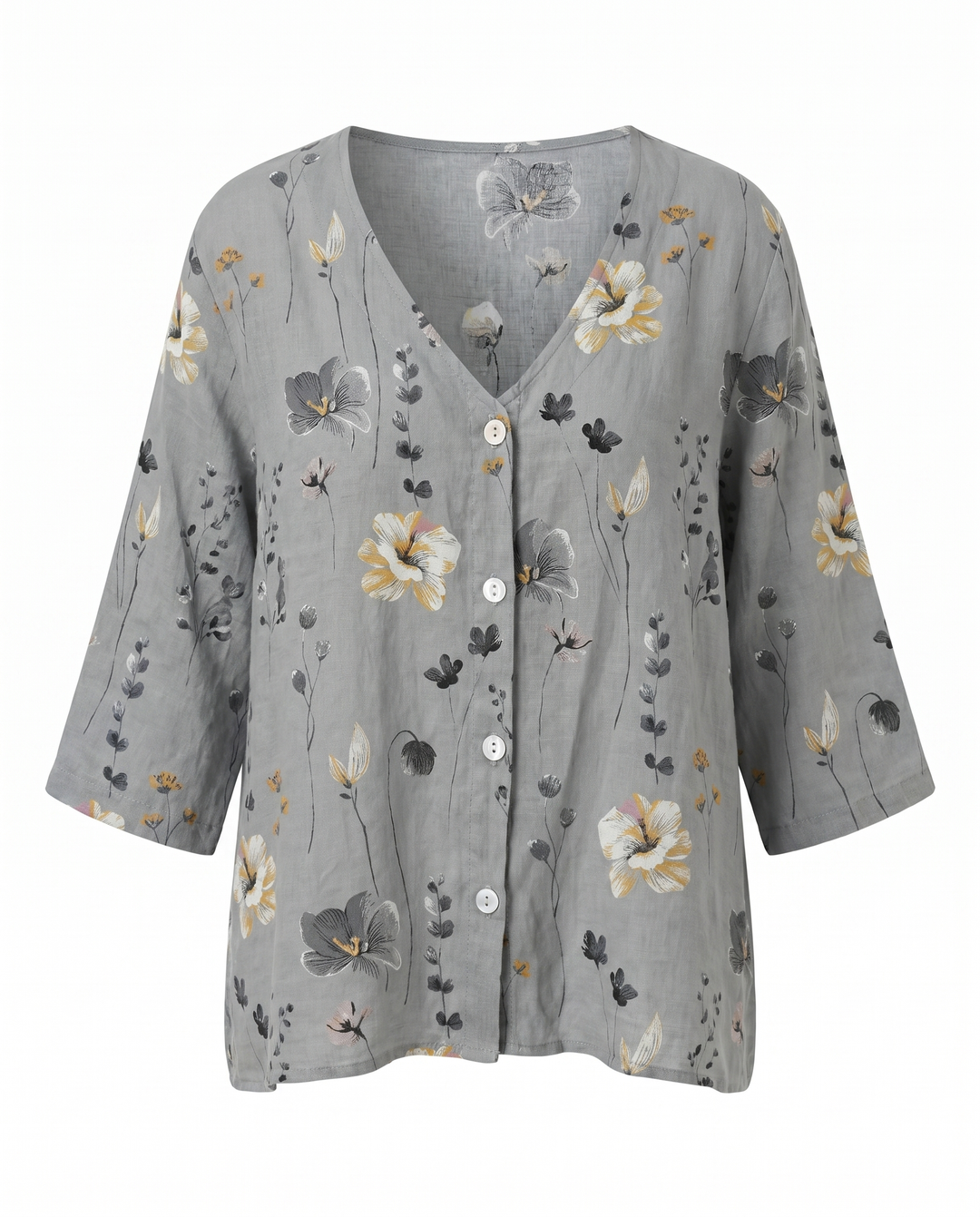 Women's Floral Print V-Neck Three-Quarter Sleeve Linen Blouse