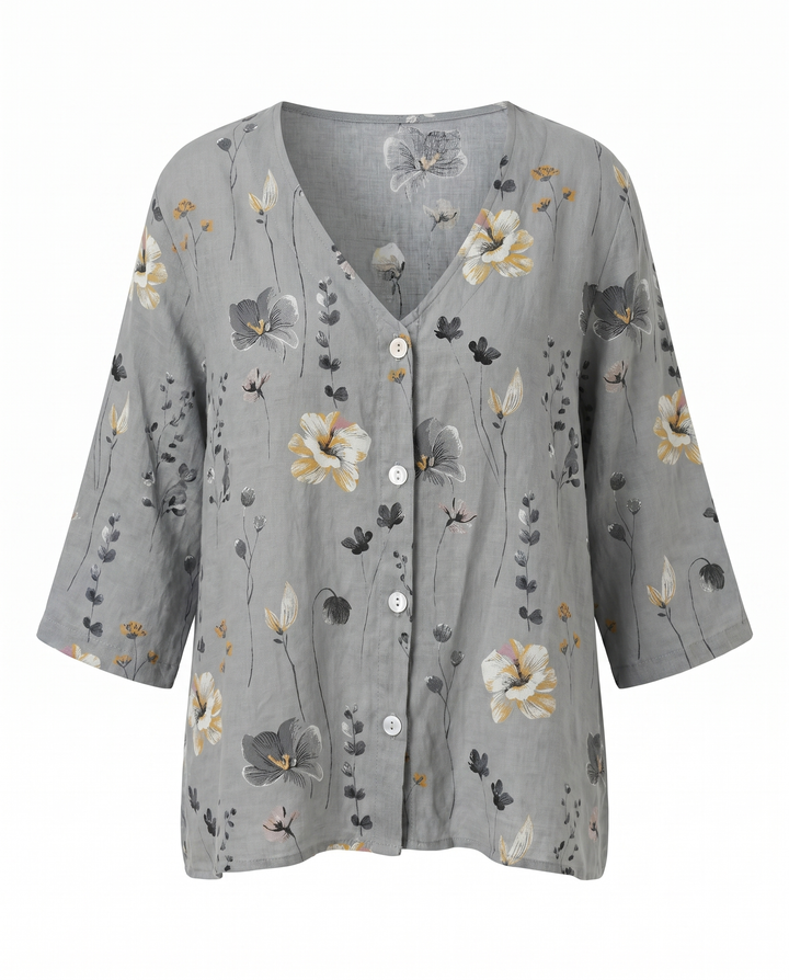 Women's Floral Print V-Neck Three-Quarter Sleeve Linen Blouse