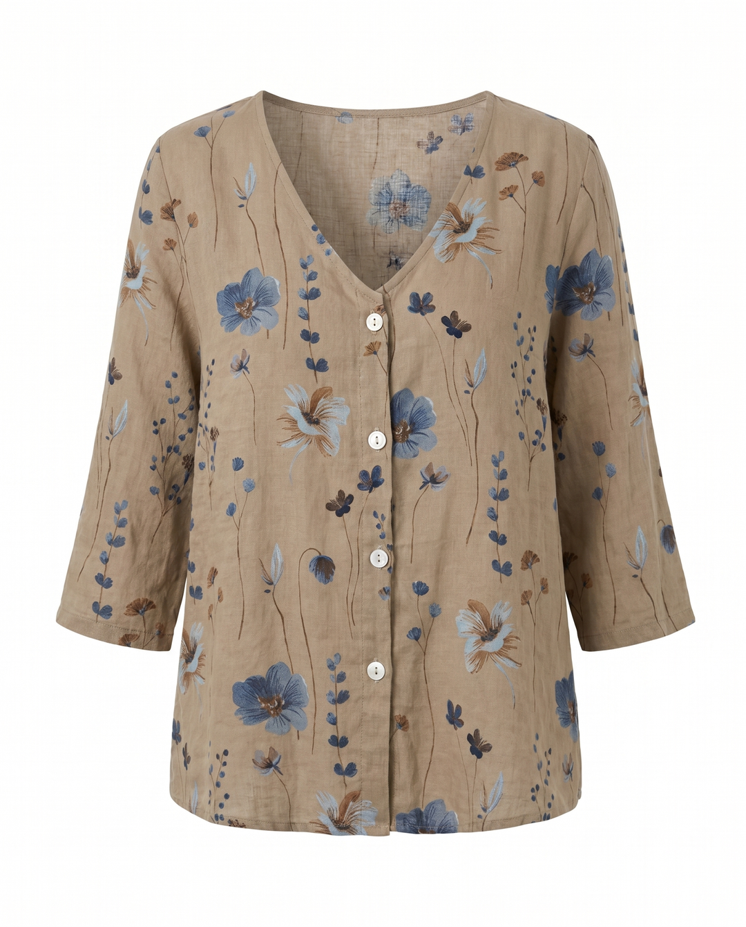 Women's Floral Print V-Neck Three-Quarter Sleeve Linen Blouse