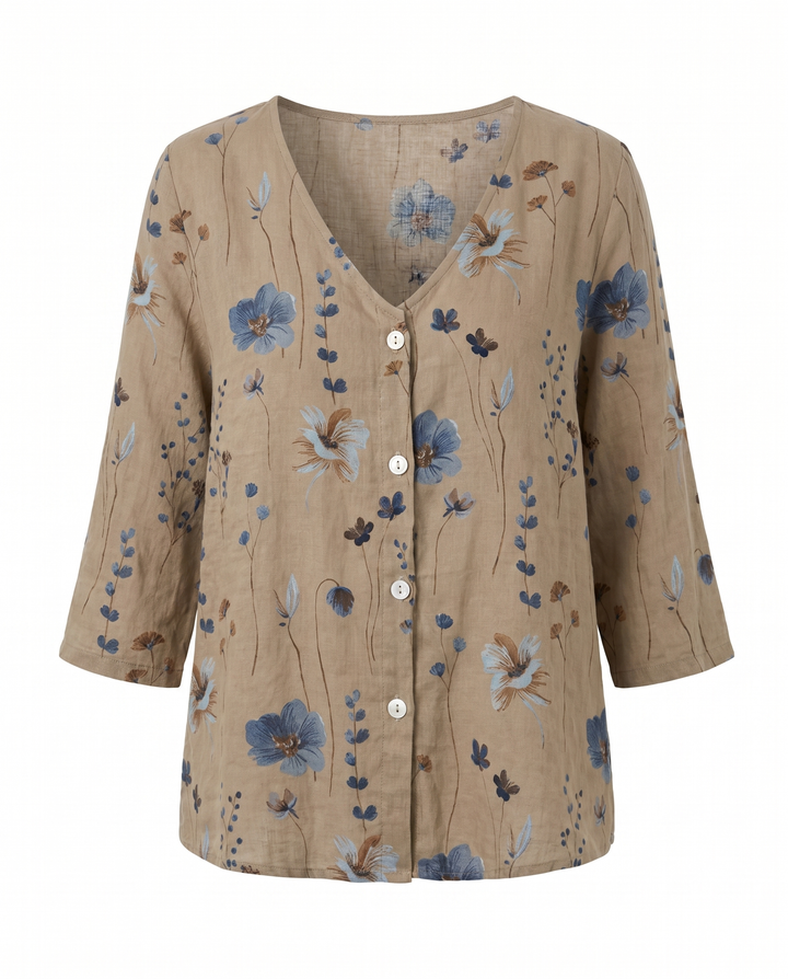 Women's Floral Print V-Neck Three-Quarter Sleeve Linen Blouse