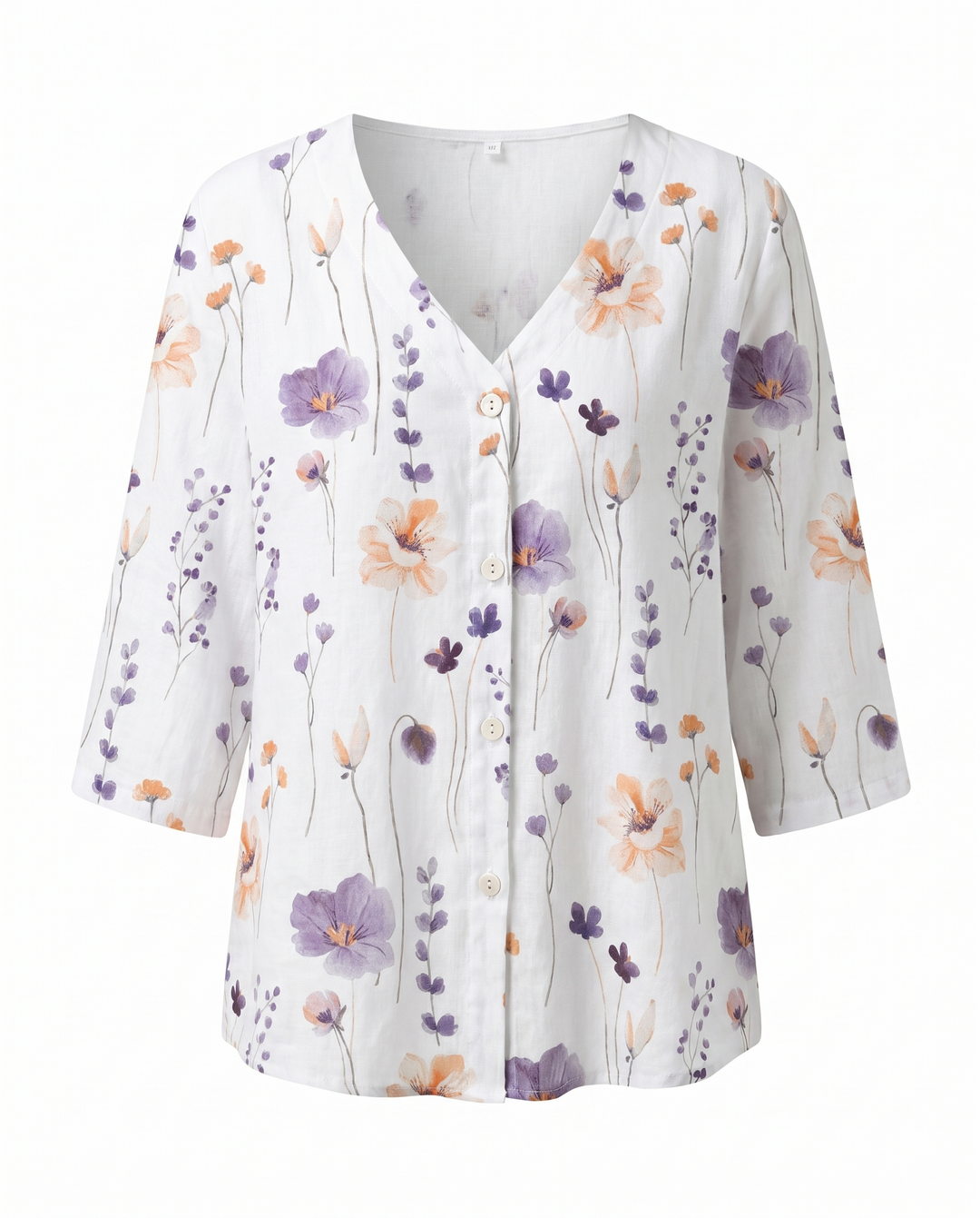 Women's Floral Print V-Neck Three-Quarter Sleeve Linen Blouse