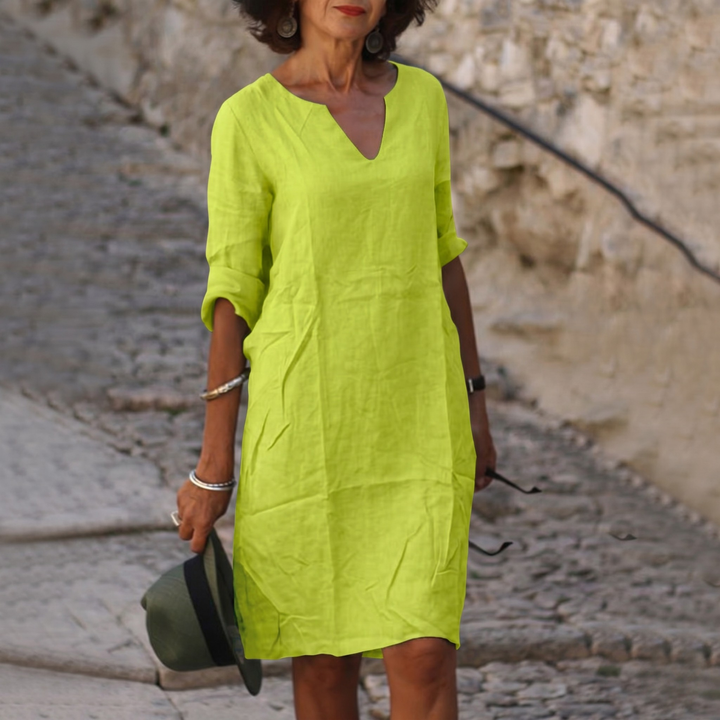 Women's Linen V-Neck Midi Dress 3/4 Sleeve Shift