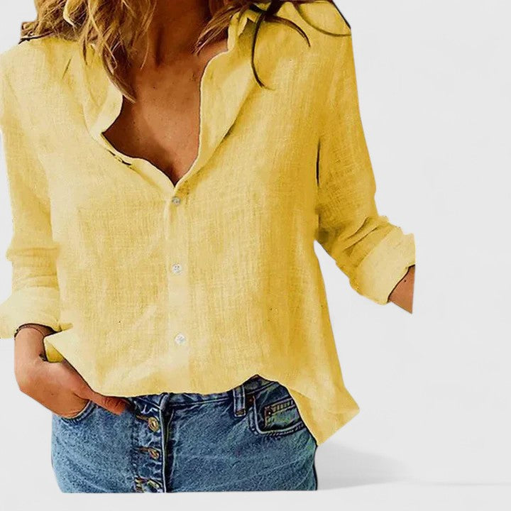 Women's Linen Button Down Shirt Wavy Lapel Collar Long Sleeve