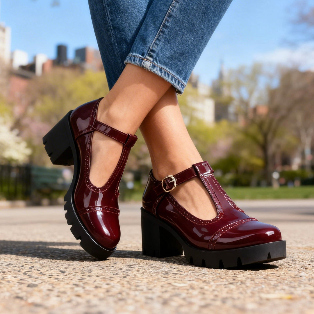 Women's Patent Brogue Mary Jane Block Heel Lug Sole Pump