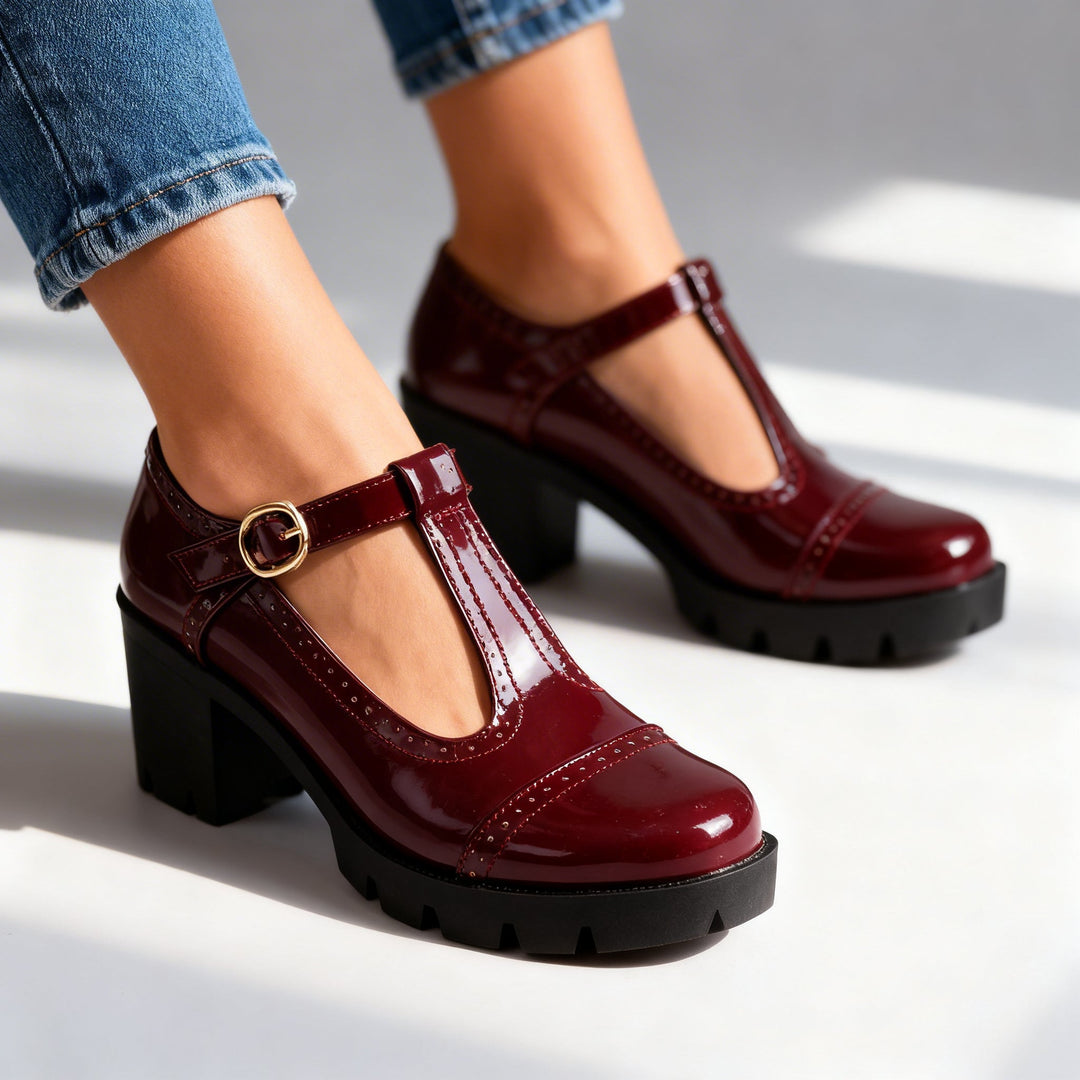 Women's Patent Brogue Mary Jane Block Heel Lug Sole Pump