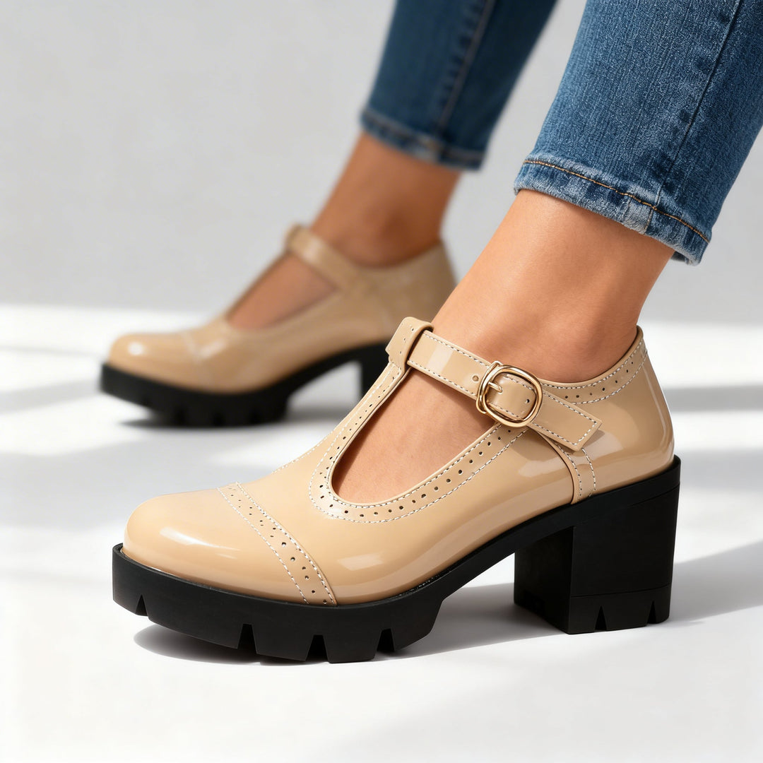 Women's Patent Brogue Mary Jane Block Heel Lug Sole Pump