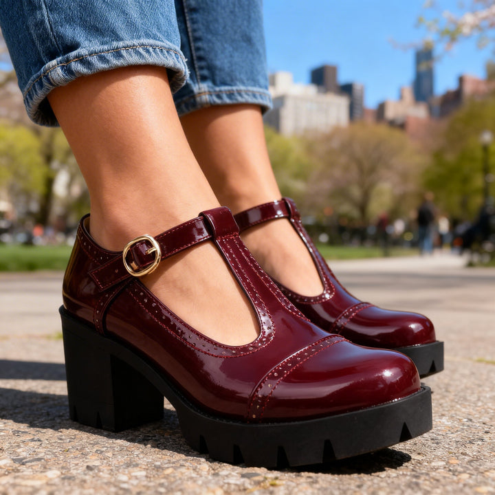 Women's Patent Brogue Mary Jane Block Heel Lug Sole Pump